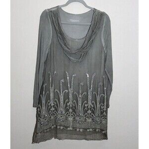 Soft Surroundings Embellished Tunic Top Blouse SZ S‎ Gray Long Sleeve Small